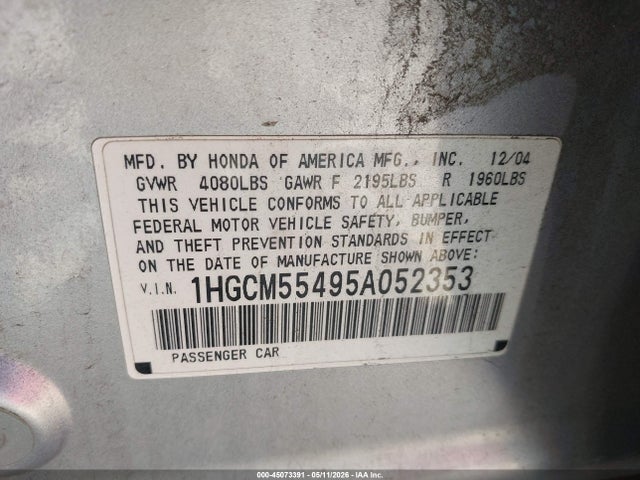 2005 Honda Accord 2.4 Lx მანქანა იყიდება აუქციონზე, vin: 1HGCM55495A052353, აუქციონის ნომერი: 45073391