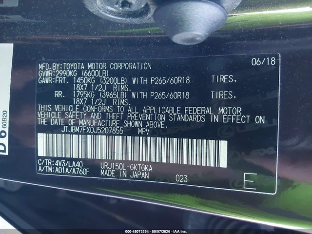 Aukcja sprzedaży 2018 Lexus Gx 460, vin: JTJBM7FX0J5207855, numer aukcji: 45073394