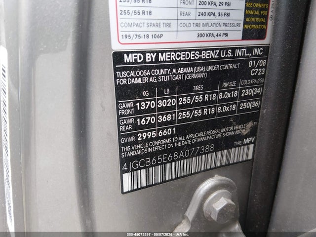 45073397 :رقم المزاد ، 4JGCB65E68A077388 vin ، 2008 Mercedes-benz R 350 4matic مزاد بيع