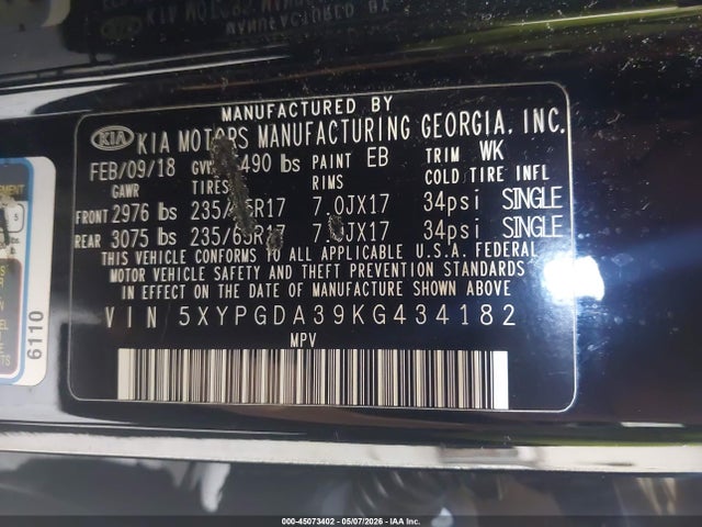 Aukcja sprzedaży 2019 Kia Sorento 2.4l Lx, vin: 5XYPGDA39KG434182, numer aukcji: 45073402