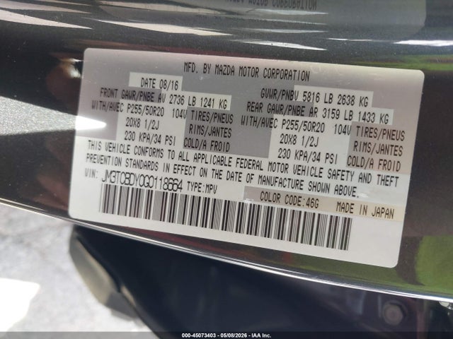 2016 Mazda Cx-9 Grand Touring მანქანა იყიდება აუქციონზე, vin: JM3TCBDY0G0118664, აუქციონის ნომერი: 45073403