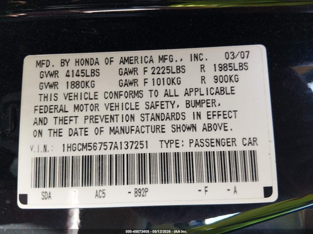 45073408 :رقم المزاد ، 1HGCM56757A137251 vin ، 2007 Honda Accord 2.4 Ex مزاد بيع