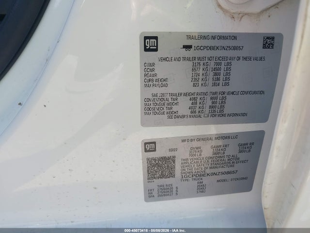 Aukcja sprzedaży 2022 Chevrolet Silverado 1500 4wd  Short Bed Custom, vin: 1GCPDBEK0NZ508657, numer aukcji: 45073418