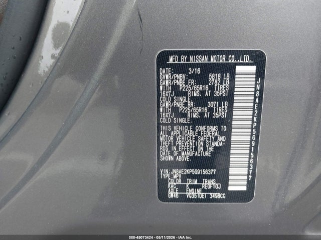 Aukcja sprzedaży 2016 Nissan Quest Platinum/s/sl/sv, vin: JN8AE2KP5G9156377, numer aukcji: 45073424