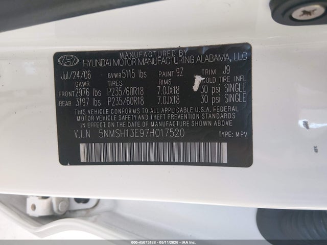 Aukcja sprzedaży 2007 Hyundai Santa Fe Limited/se, vin: 5NMSH13E97H017520, numer aukcji: 45073428