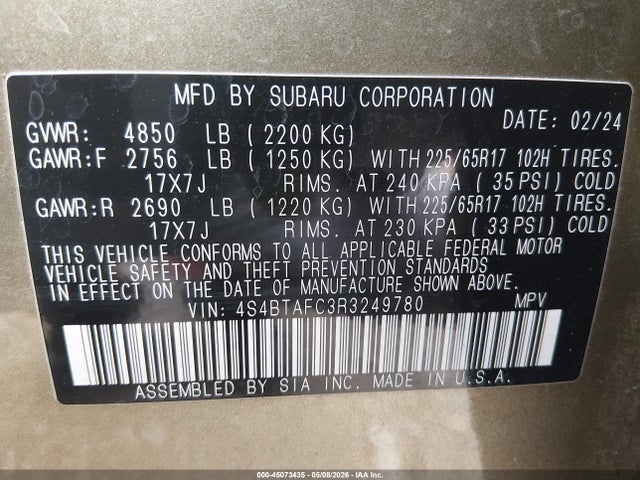 Продажа на аукционе авто 2024 Subaru Outback Premium, vin: 4S4BTAFC3R3249780, номер лота: 45073435
