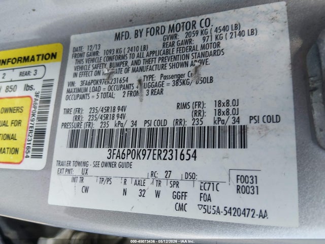 Aukcja sprzedaży 2014 Ford Fusion Titanium, vin: 3FA6P0K97ER231654, numer aukcji: 45073436
