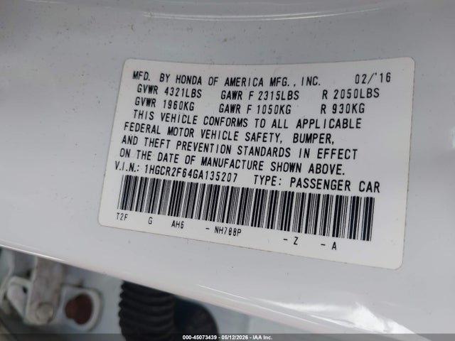 45073439 :رقم المزاد ، 1HGCR2F64GA135207 vin ، 2016 Honda Accord Sport مزاد بيع