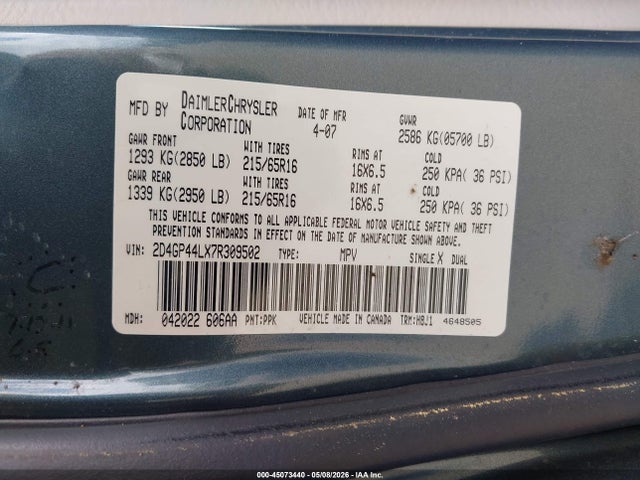 Aukcja sprzedaży 2007 Dodge Grand Caravan Sxt, vin: 2D4GP44LX7R309502, numer aukcji: 45073440