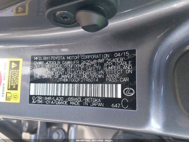 45073453 :رقم المزاد ، JTHBK1GG2F2196014 vin ، 2015 Lexus Es 350 مزاد بيع