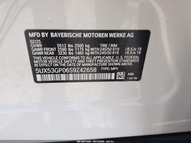 Auction sale of the 2025 Bmw X3 30 Xdrive, vin: 5UX53GP06S9Z42658, lot number: 45073460