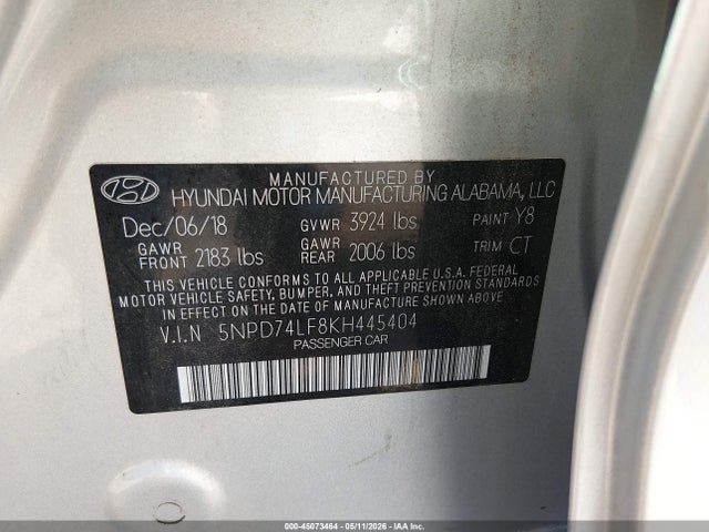 Продаж на аукціоні авто 2019 Hyundai Elantra Se, vin: 5NPD74LF8KH445404, номер лоту: 45073464
