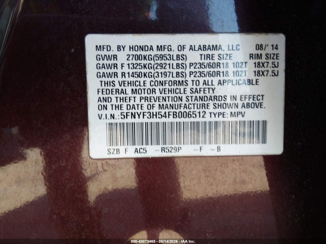 Aukcja sprzedaży 2015 Honda Pilot Ex-l, vin: 5FNYF3H54FB006512, numer aukcji: 45073465