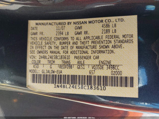 2008 Nissan Altima 3.5 Se მანქანა იყიდება აუქციონზე, vin: 1N4BL24E58C183610, აუქციონის ნომერი: 45073466