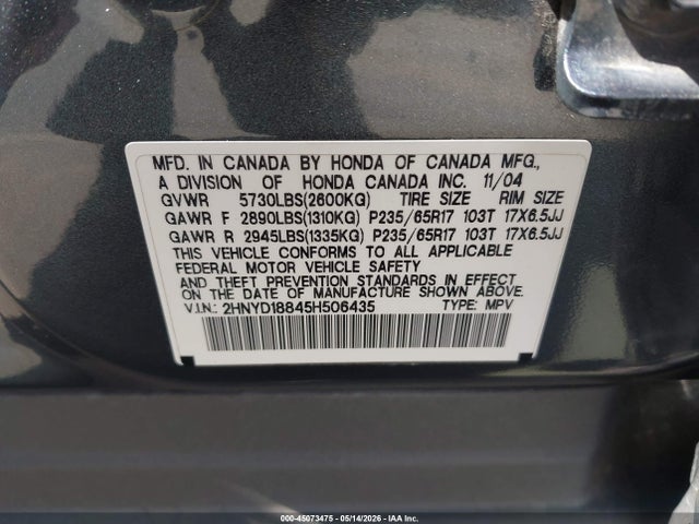 45073475 :رقم المزاد ، 2HNYD18845H506435 vin ، 2005 Acura Mdx مزاد بيع