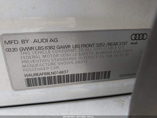 Продажа на аукционе авто 2020 Audi A8 L 60 Tfsi Quattro Tiptronic, vin: WAU8EAF88LN014837, номер лота: 45073478