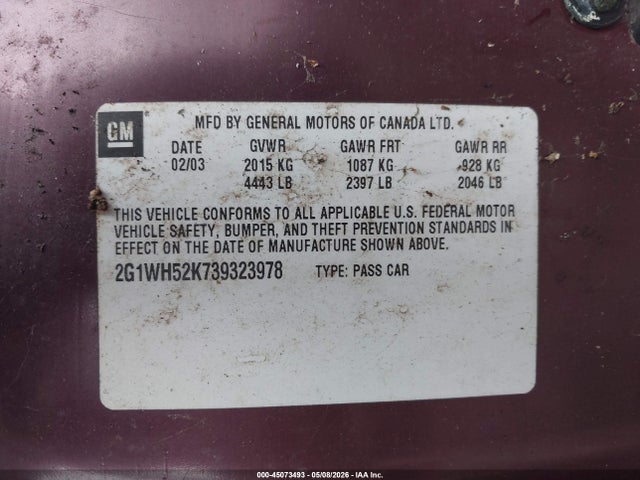 Продаж на аукціоні авто 2003 Chevrolet Impala Ls, vin: 2G1WH52K739323978, номер лоту: 45073493