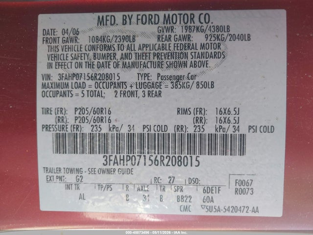 2006 Ford Fusion Se მანქანა იყიდება აუქციონზე, vin: 3FAHP07156R208015, აუქციონის ნომერი: 45073496