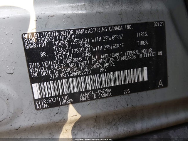 2021 Toyota Rav4 Xle მანქანა იყიდება აუქციონზე, vin: 2T3P1RFV6MW182520, აუქციონის ნომერი: 45073500