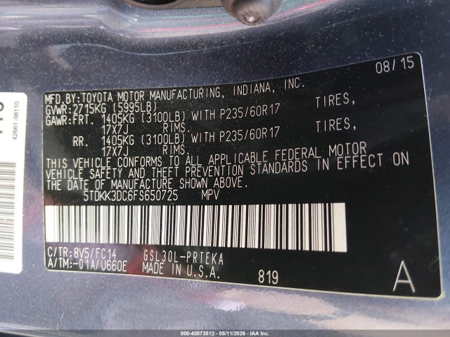 Toyota Sienna Le 8 Passenger 2015 5TDKK3DC6FS650725 Image 9