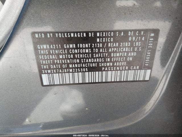 Aukcja sprzedaży 2015 Volkswagen Jetta 2.0l S, vin: 3VW2K7AJ8FM225305, numer aukcji: 45073524