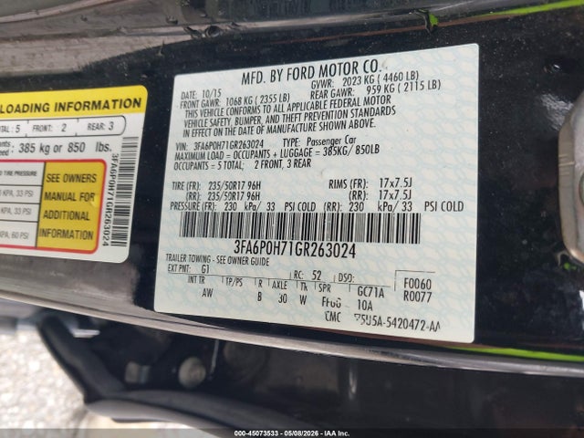 Продажа на аукционе авто 2016 Ford Fusion Se, vin: 3FA6P0H71GR263024, номер лота: 45073533
