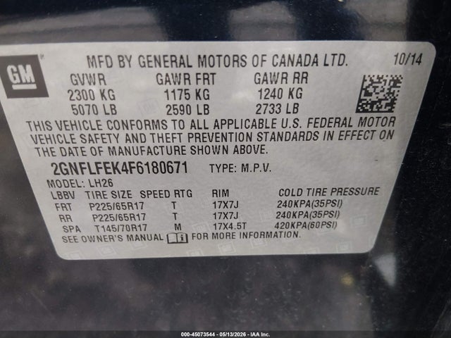 45073544 :رقم المزاد ، 2GNFLFEK4F6180671 vin ، 2015 Chevrolet Equinox 1lt مزاد بيع