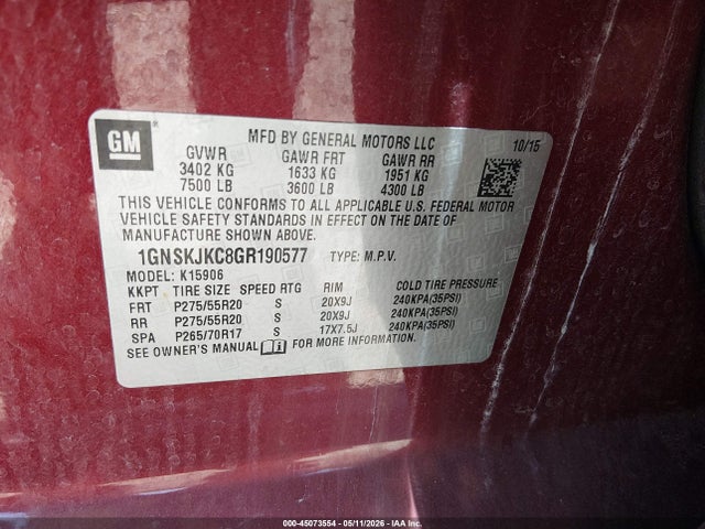 Продажа на аукционе авто 2016 Chevrolet Suburban Ltz, vin: 1GNSKJKC8GR190577, номер лота: 45073554