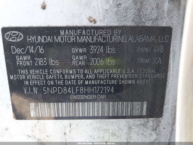 5NPD84LF8HH172194 Hyundai Elantra Value Edition