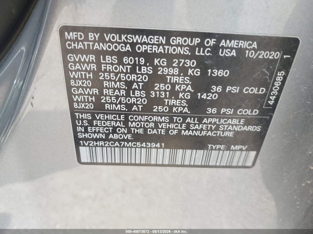Продаж на аукціоні авто 2021 Volkswagen Atlas 3.6l V6 Se W/technology, vin: 1V2HR2CA7MC543941, номер лоту: 45073572