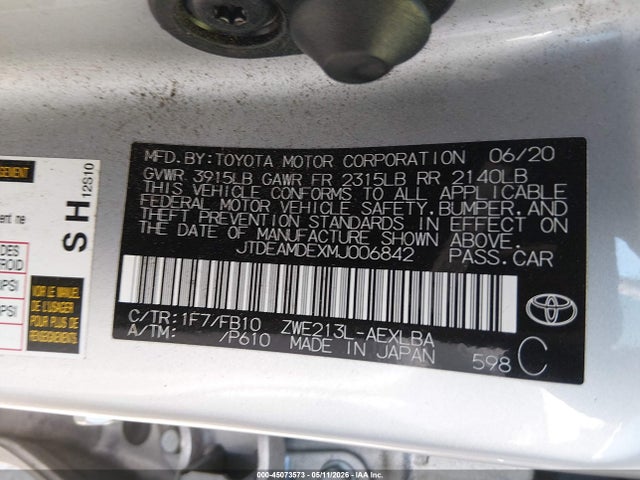 Aukcja sprzedaży 2021 Toyota Corolla Hybrid Le, vin: JTDEAMDEXMJ006842, numer aukcji: 45073573