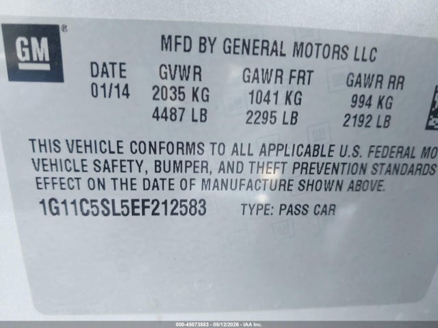 45073583 :رقم المزاد ، 1G11C5SL5EF212583 vin ، 2014 Chevrolet Malibu 1lt مزاد بيع