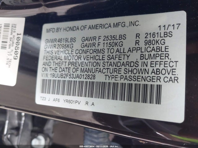 Aukcja sprzedaży 2018 Acura Tlx Tech Pkg, vin: 19UUB2F53JA012828, numer aukcji: 45073604