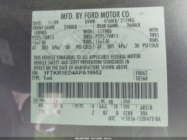 Продажа на аукционе авто 2010 Ford Ranger Xl/xlt, vin: 1FTKR1ED4APA19952, номер лота: 45073605