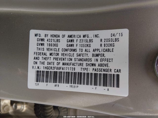2015 Honda Accord Ex-l მანქანა იყიდება აუქციონზე, vin: 1HGCR2F88FA171739, აუქციონის ნომერი: 45073609