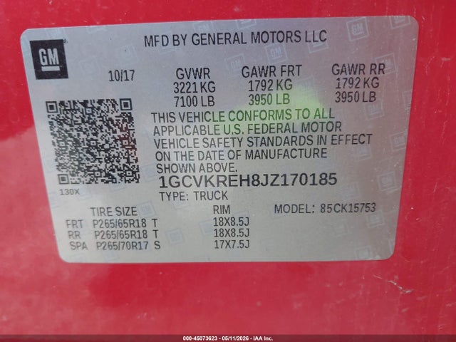 2018 Chevrolet Silverado 1500 1lt მანქანა იყიდება აუქციონზე, vin: 1GCVKREH8JZ170185, აუქციონის ნომერი: 45073623