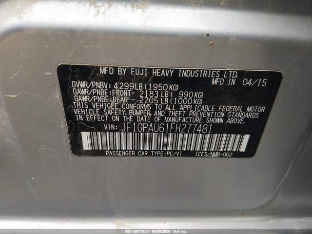 2015 Subaru Impreza 2.0i Sport Premium მანქანა იყიდება აუქციონზე, vin: JF1GPAU61FH277481, აუქციონის ნომერი: 45073628
