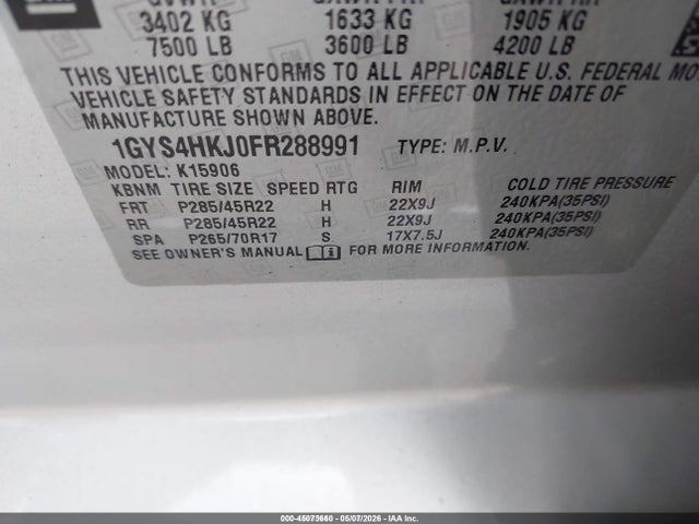 2015 Cadillac Escalade Esv Luxury მანქანა იყიდება აუქციონზე, vin: 1GYS4HKJ0FR288991, აუქციონის ნომერი: 45073660