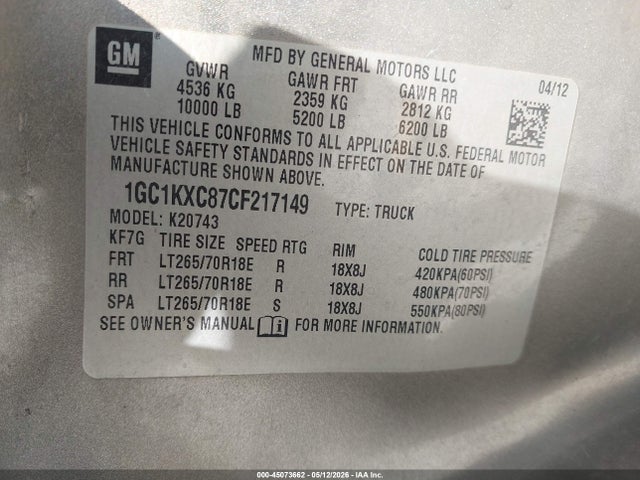 Aukcja sprzedaży 2012 Chevrolet Silverado 2500hd Lt, vin: 1GC1KXC87CF217149, numer aukcji: 45073662