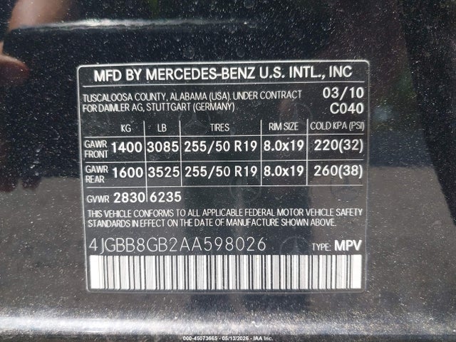 Aukcja sprzedaży 2010 Mercedes-benz Ml 350 4matic, vin: 4JGBB8GB2AA598026, numer aukcji: 45073665