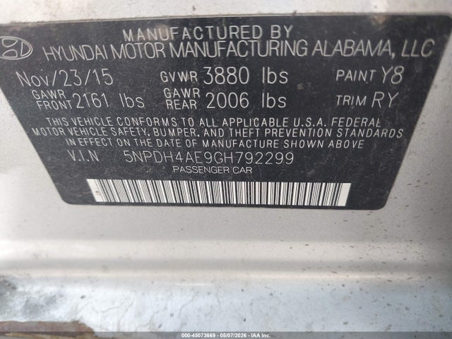 Продаж на аукціоні авто 2016 Hyundai Elantra Value Edition, vin: 5NPDH4AE9GH792299, номер лоту: 45073669