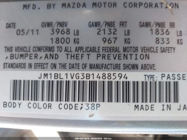 Aukcja sprzedaży 2011 Mazda Mazda3 I Touring, vin: JM1BL1VG3B1488594, numer aukcji: 45073676