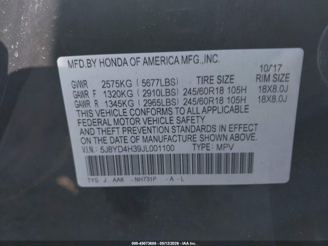 45073688 :رقم المزاد ، 5J8YD4H39JL001100 vin ، 2018 Acura Mdx مزاد بيع