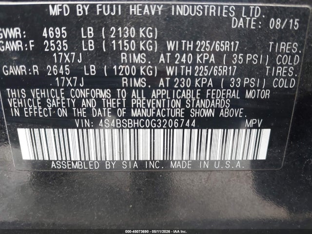 Auction sale of the 2016 Subaru Outback 2.5i Premium, vin: 4S4BSBHC0G3206744, lot number: 45073690
