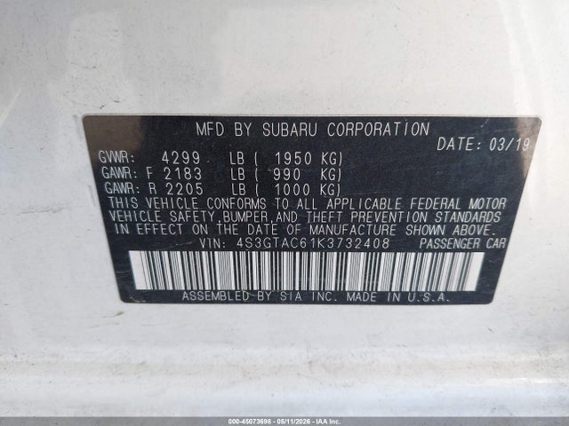 Продаж на аукціоні авто 2019 Subaru Impreza 2.0i Premium, vin: 4S3GTAC61K3732408, номер лоту: 45073698
