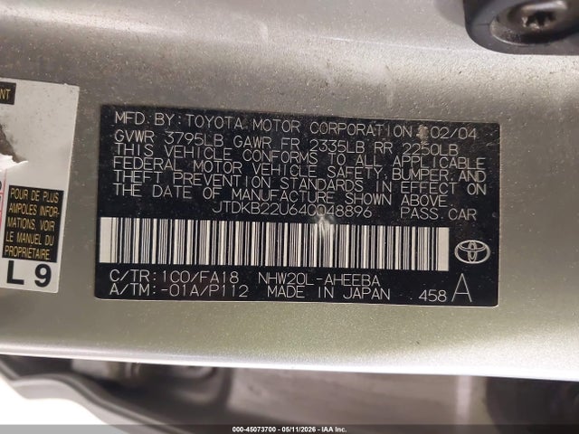 45073700 :رقم المزاد ، JTDKB22U640048896 vin ، 2004 Toyota Prius مزاد بيع