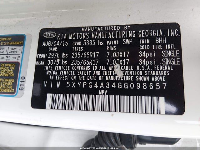 5XYPG4A34GG098657 KIA Sorento 2.4l Lx