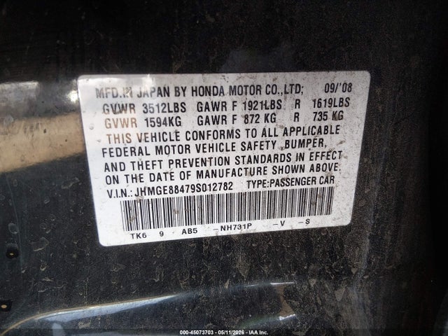 45073703 :رقم المزاد ، JHMGE88479S012782 vin ، 2009 Honda Fit Sport مزاد بيع