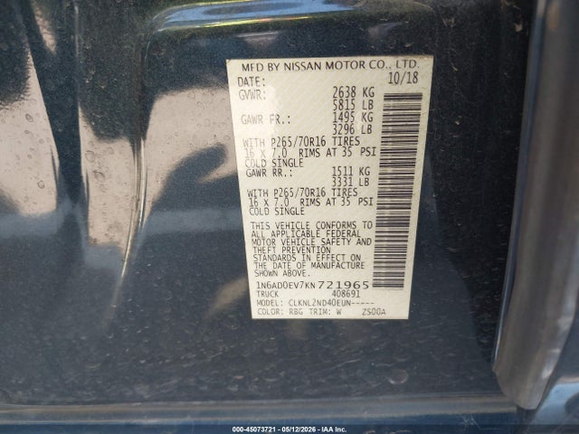 45073721 :رقم المزاد ، 1N6AD0EV7KN721965 vin ، 2019 Nissan Frontier Sv مزاد بيع