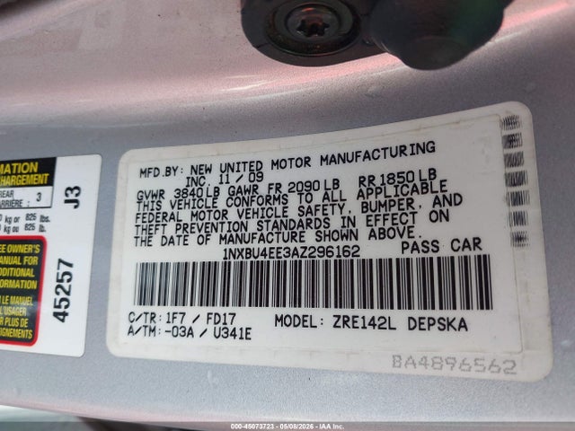 Aukcja sprzedaży 2010 Toyota Corolla S, vin: 1NXBU4EE3AZ296162, numer aukcji: 45073723